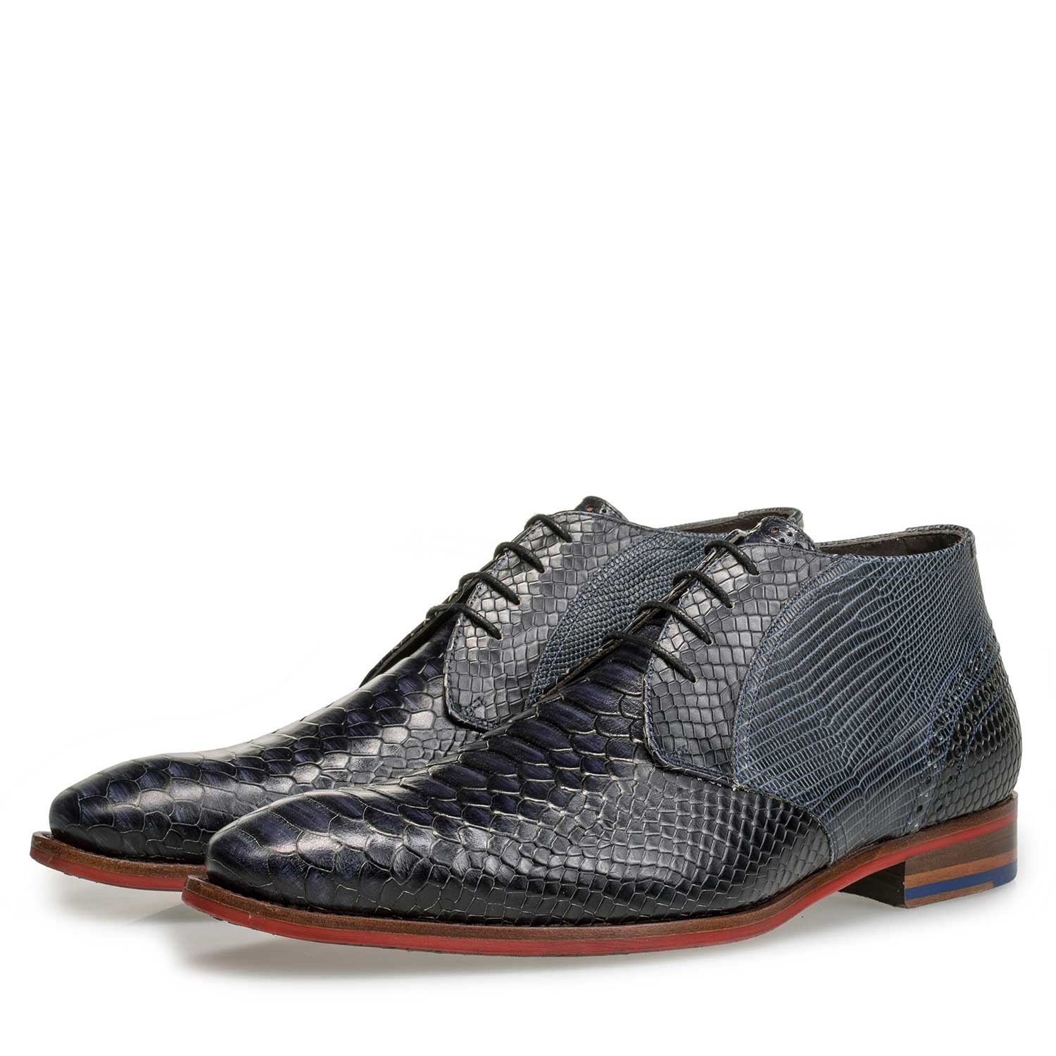 20105/01 - Halbhoher blauer Leder-Schnürschuh mit Schlangenprint 20105/01 - Halbhoher blauer Leder-Schnürschuh mit Schlangenprint