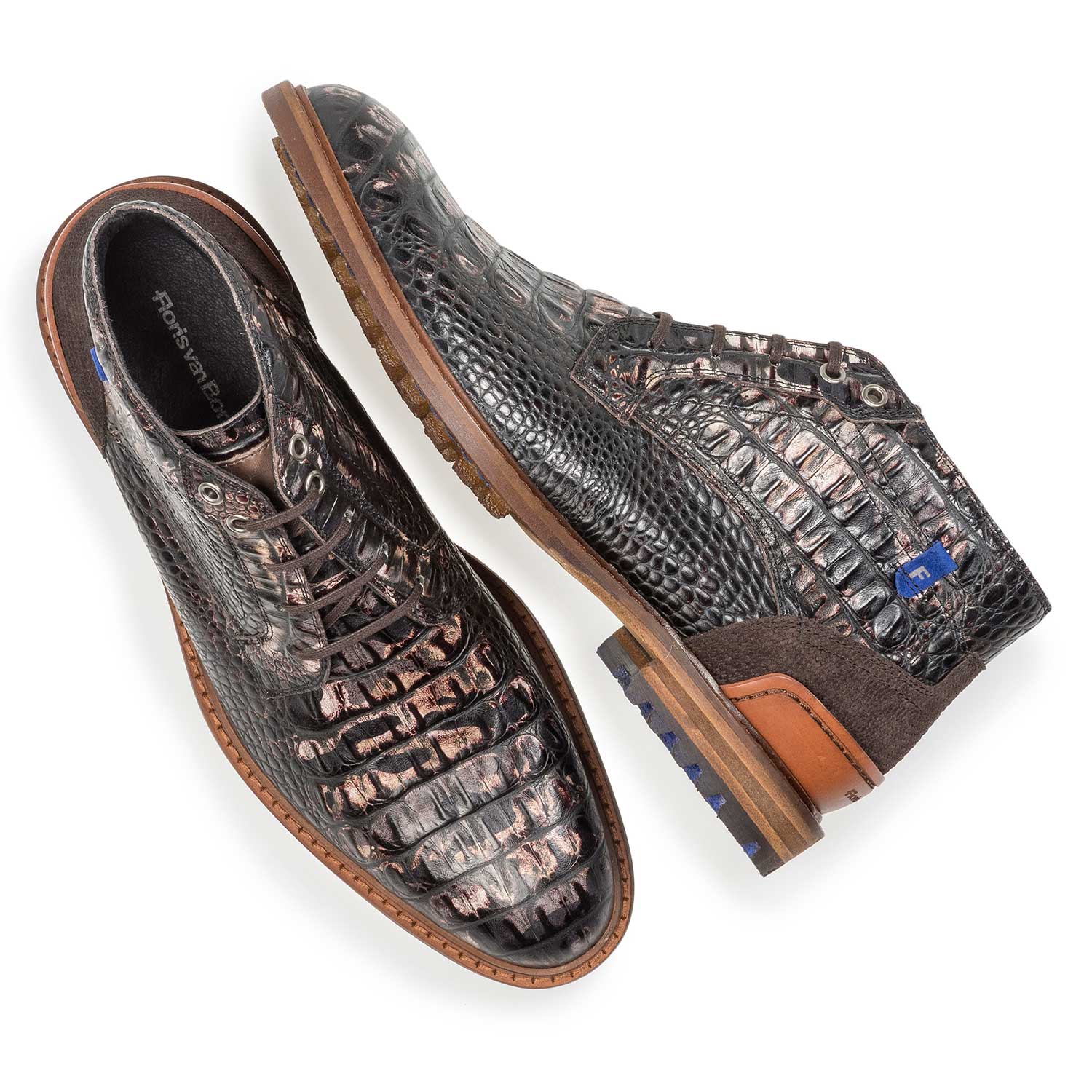 20228/22 - Dunkelbrauner Leder-Schnürstiefel mit Krokoprint 20228/22 - Dunkelbrauner Leder-Schnürstiefel mit Krokoprint