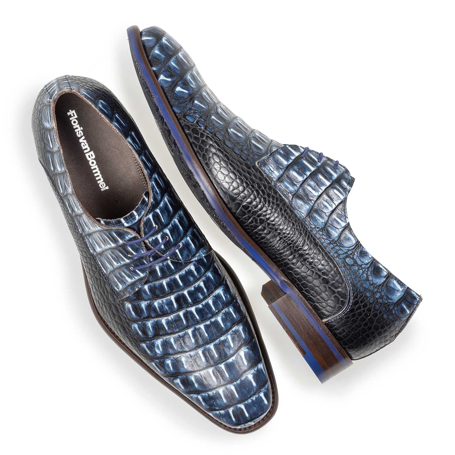 18159/06 - Blauer Leder-Schnürschuh mit Krokoprint 18159/06 - Blauer Leder-Schnürschuh mit Krokoprint