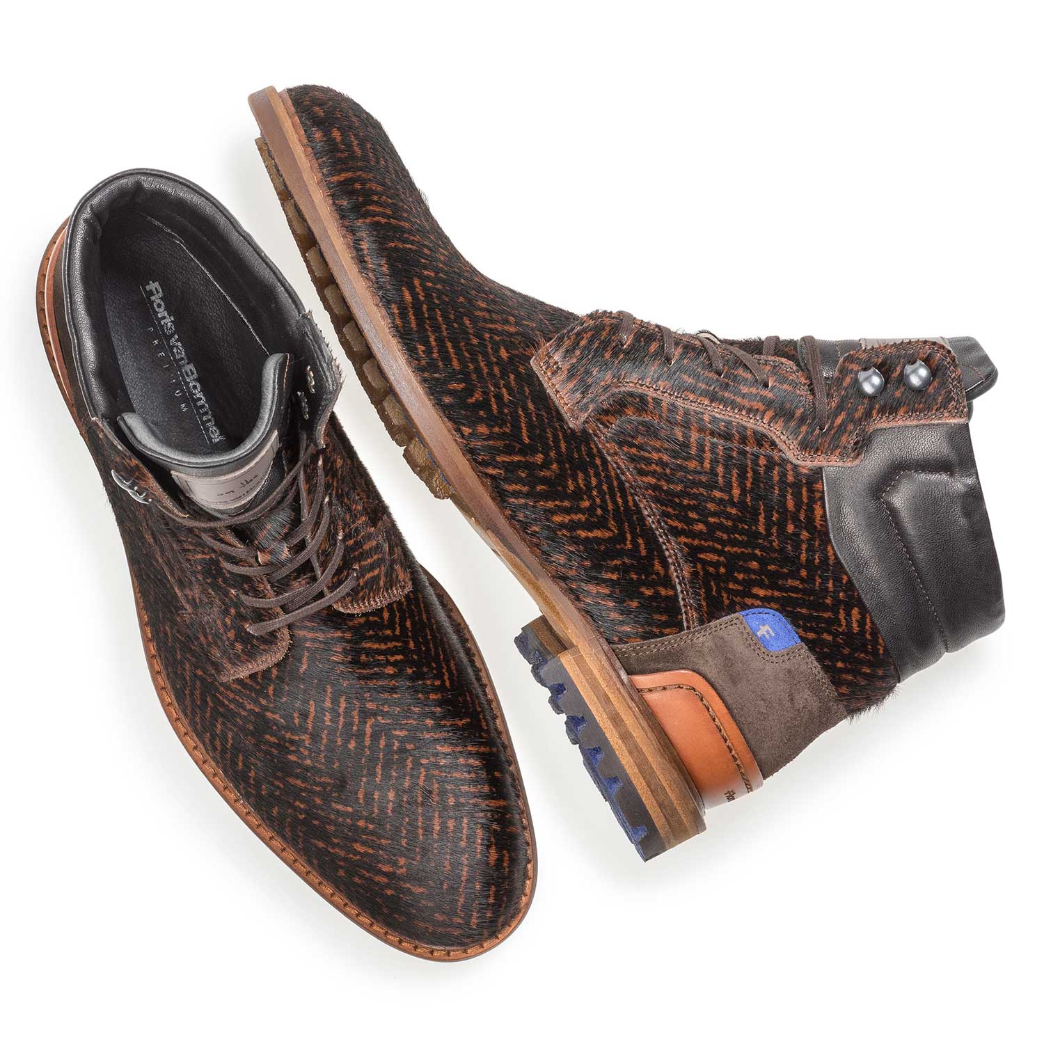 10641/01 - Cognacfarbener Premium Ponyfell-Schnürstiefel mit Print 10641/01 - Cognacfarbener Premium Ponyfell-Schnürstiefel mit Print