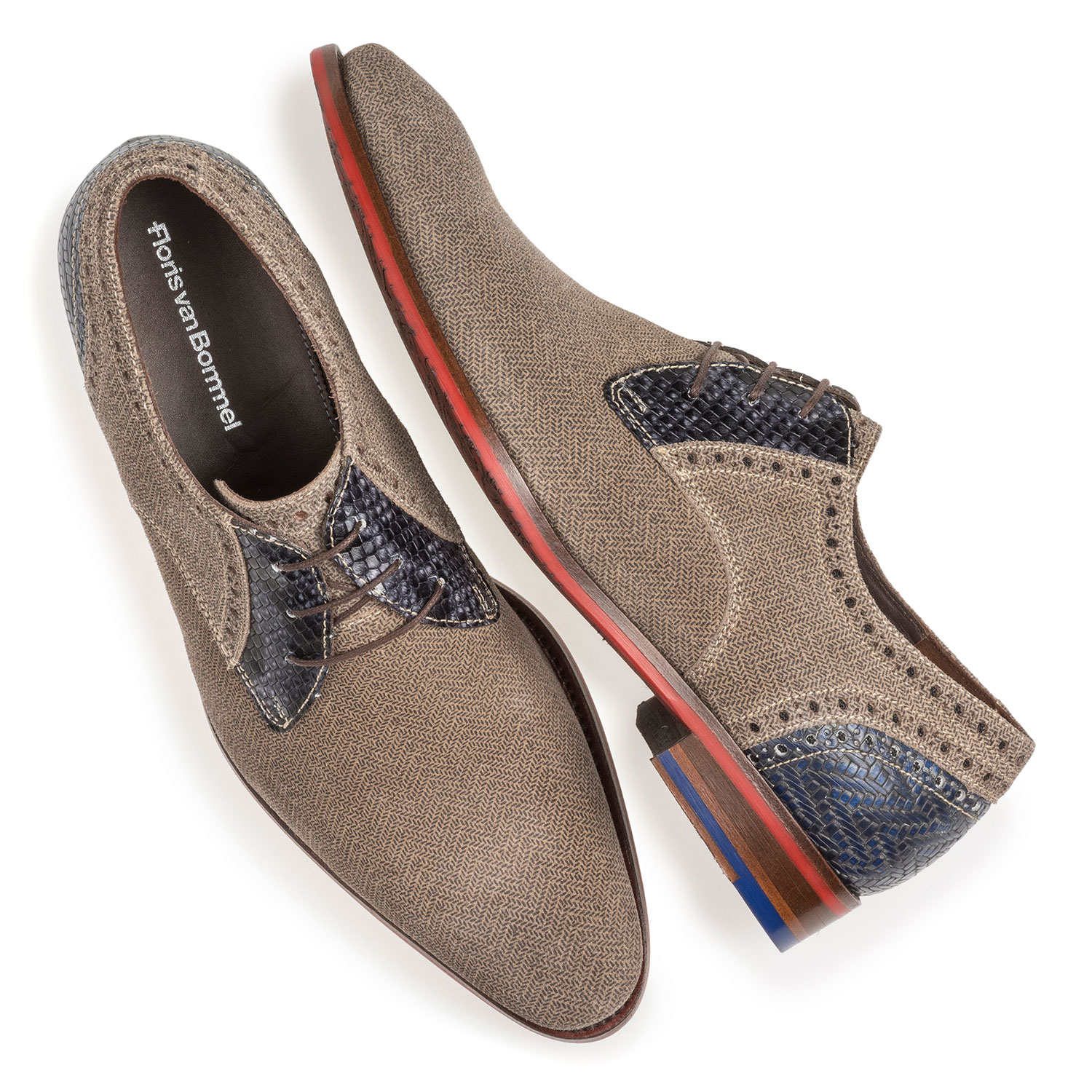 18107/02 - Beige suede leather lace shoe with blue print 18107/02 - Beige suede leather lace shoe with blue print
