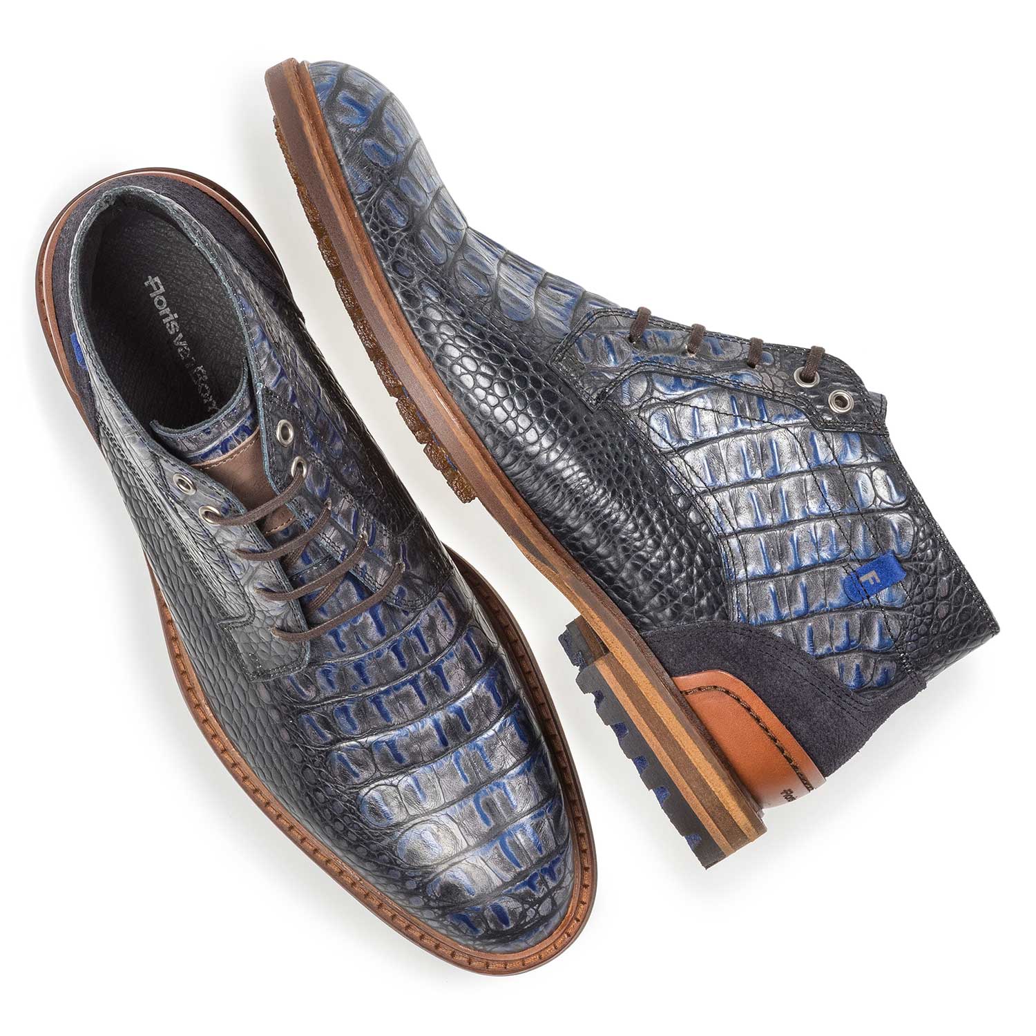 20228/23 - Blauer Leder-Schnürstiefel mit Krokoprint 20228/23 - Blauer Leder-Schnürstiefel mit Krokoprint
